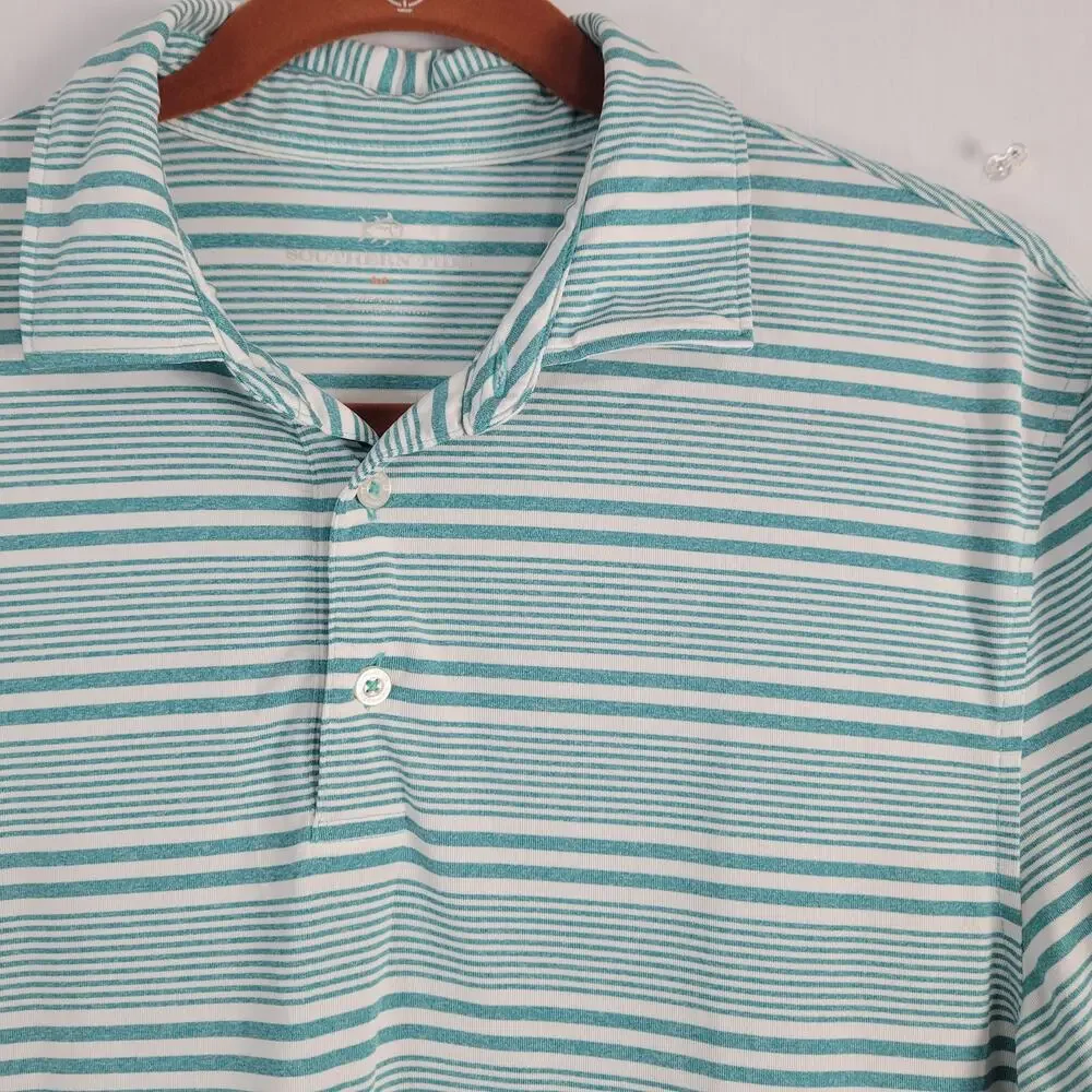 Southern Tide Short Sleeve Striped Polo men's size M Teal White Outdoor Coastal